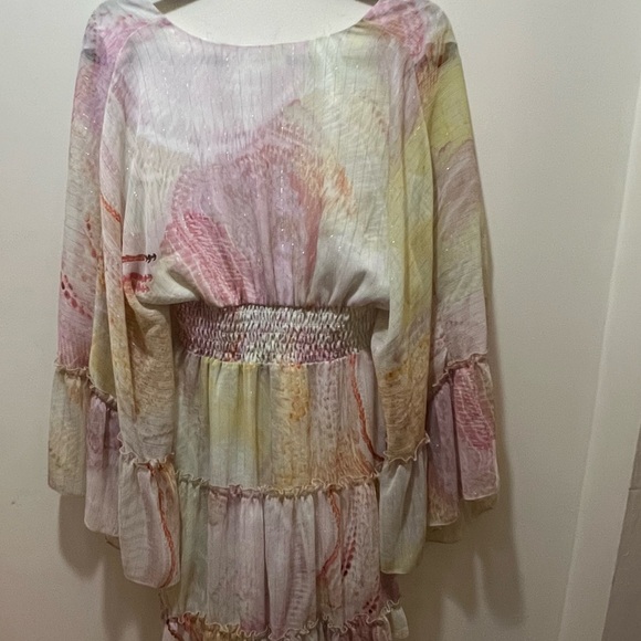 Lavender Brown mini dress V-neckline bell sleeves
tiered skirt pastel large NWT - Picture 4 of 10